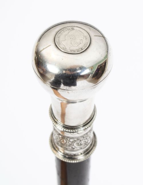 fig 1. Antique Continental Silver Mounted Walking Stick Cane 19th C
