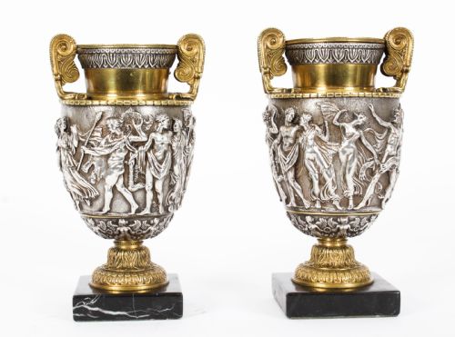 Antique Pair French Grand Tour Silvered Bronze Urns 19th C
