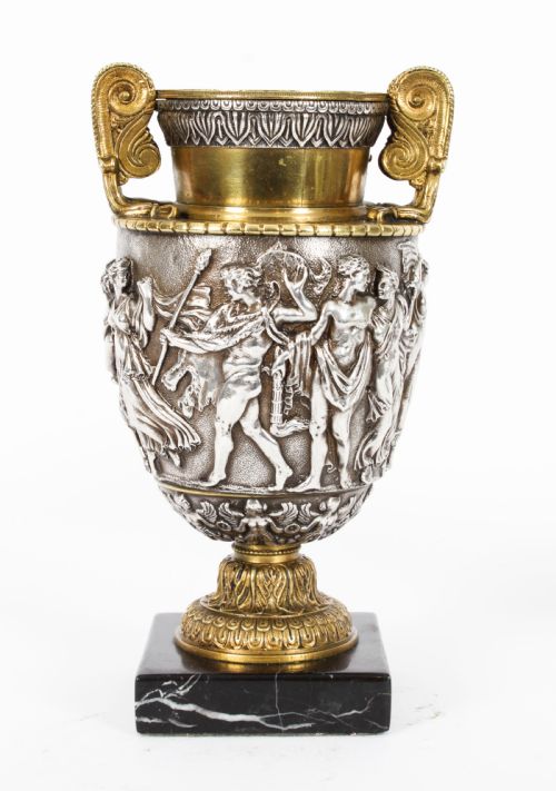 fig 1. Antique Pair French Grand Tour Silvered Bronze Urns 19th C