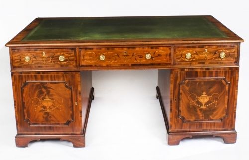 fig 2. Antique George III Marquetry Inlaid Partners Pedestal Desk 18th C