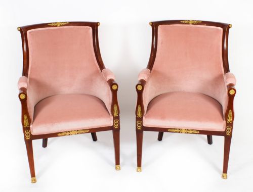 Antique Pair French Empire Revival Ormolu Mounted Armchairs C1870 19th C
