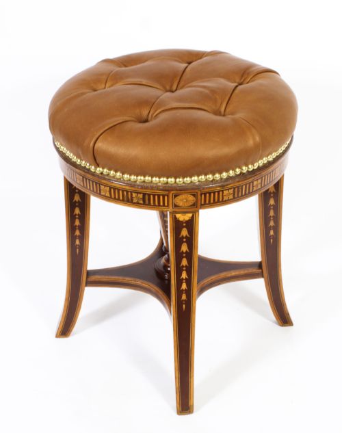 Antique Sheraton Revival Marquetry Inlaid Piano Stool 19th C
