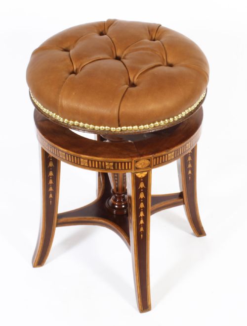 fig 1. Antique Sheraton Revival Marquetry Inlaid Piano Stool 19th C