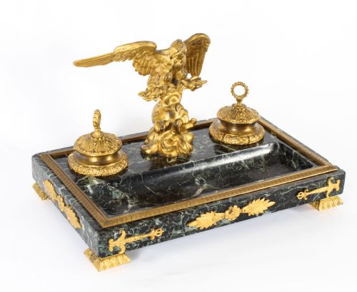 Antique French Ormolu & Marble Double Encrier Standish Inkstand 19th Century
