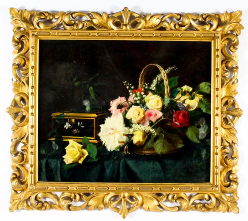 Antique Oil Painting Flowers by Andreotti - Florentine Giltwood Frame 19th C
