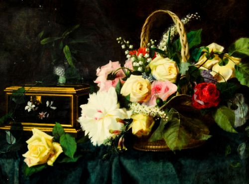 fig 1. Antique Oil Painting Flowers by Andreotti - Florentine Giltwood Frame 19th C
