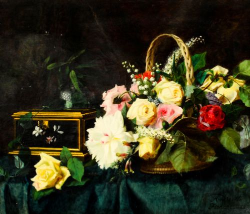 fig 2. Antique Oil Painting Flowers by Andreotti - Florentine Giltwood Frame 19th C
