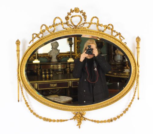 Antique Sheraton Revival Hand Carved Giltwood Oval Mirror 19th Century
