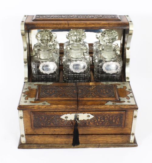fig 1. Antique English Victorian Golden Oak 3 Crystal Decanter Tantalus Dry Bar 19th C