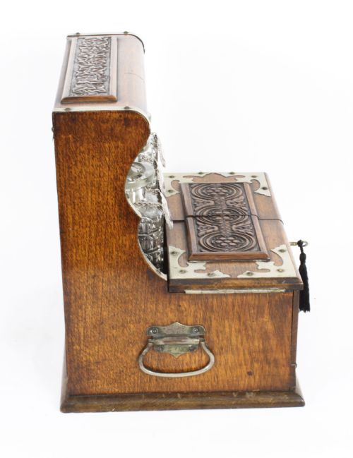 fig 5. Antique English Victorian Golden Oak 3 Crystal Decanter Tantalus Dry Bar 19th C