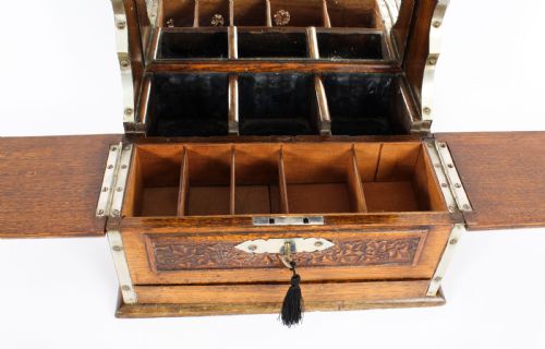 fig 7. Antique English Victorian Golden Oak 3 Crystal Decanter Tantalus Dry Bar 19th C