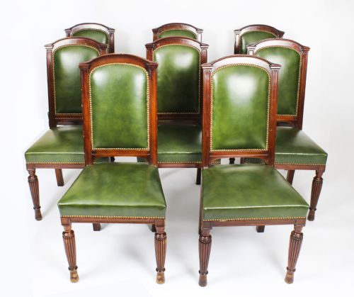 Antique Victorian Set 8 Leather Upholstered Back Dining Chairs 19th C
