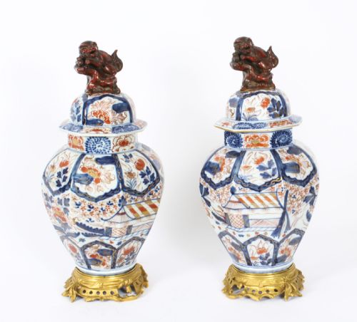 Antique Large Pair Japanese Imari Porcelain Vases on Stands C. 1780 18th C.
