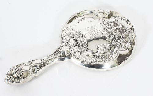 Antique French Art Nouveau Sterling Silver Hand Mirror Circa 1890 19th C
