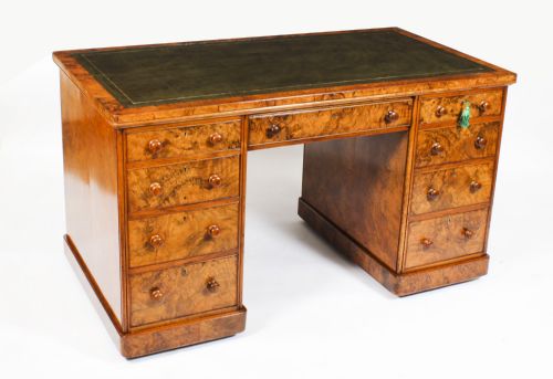 ANTIQUE VICTORIAN BURR WALNUT PARTNERS PEDESTAL DESK 19TH C
