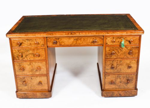ANTIQUE VICTORIAN BURR WALNUT PARTNERS PEDESTAL DESK 19TH C - ADDITIONAL PHOTO 1