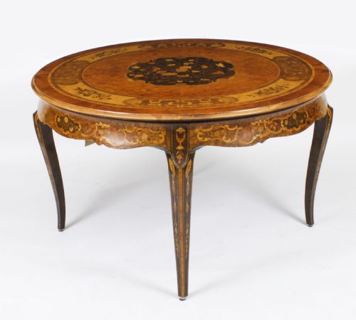 fig 1. Antique 4ft Diam Burr Walnut Marquetry Centre / Dining Table Circa 1900
