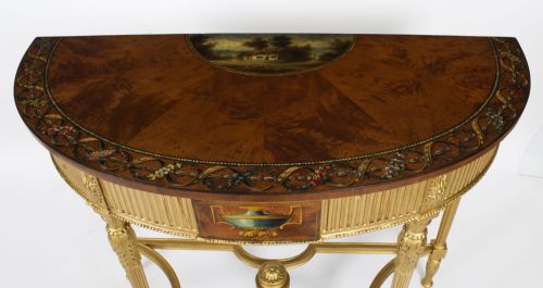ANTIQUE SATINWOOD HAND PAINTED DEMILUNE CONSOLE TABLE 19TH CENTURY - ADDITIONAL PHOTO 1