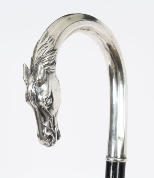 fig 1. Antique French Art Noveau Silver Horse Ebonized Walking Cane Stick Late 19th C