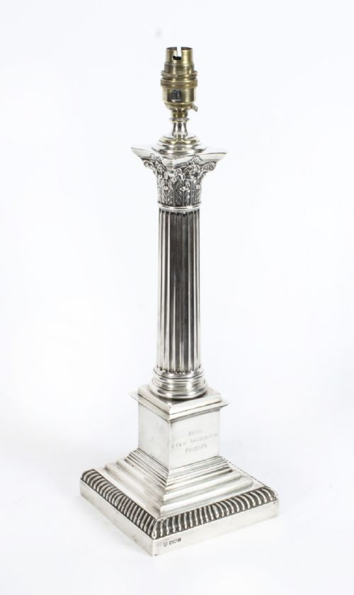 Antique George V Sterling Silver Corinthian Column Table Lamp Hallmarked 1928
