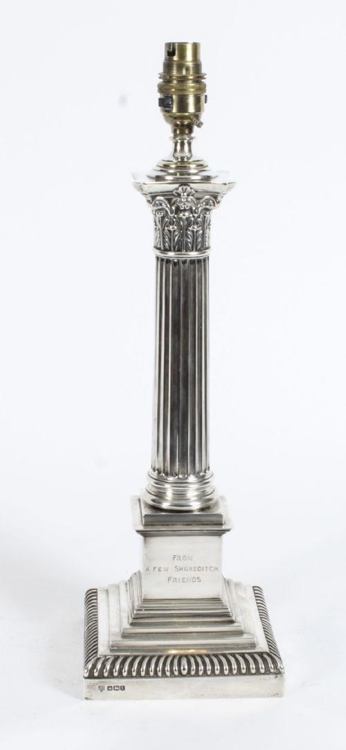 fig 1. Antique George V Sterling Silver Corinthian Column Table Lamp Hallmarked 1928