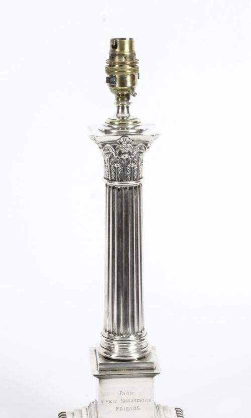 fig 2. Antique George V Sterling Silver Corinthian Column Table Lamp Hallmarked 1928