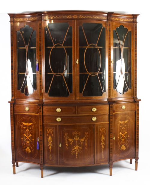 Antique Edwardian Marquetry Inlaid Library Bookcase / Display Cabinet C1900
