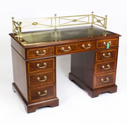 Antique Victorian Inlaid Mahogany Pedestal Desk 19th C
