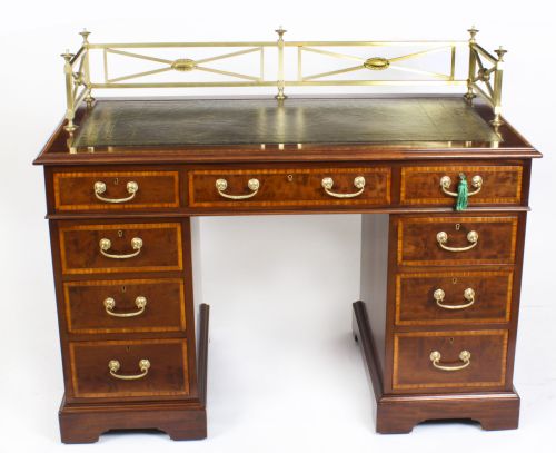 fig 1. Antique Victorian Inlaid Mahogany Pedestal Desk 19th C
