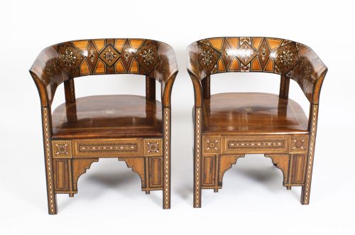 Antique Pair Syrian Parquetry Inlaid Armchairs 19th C
