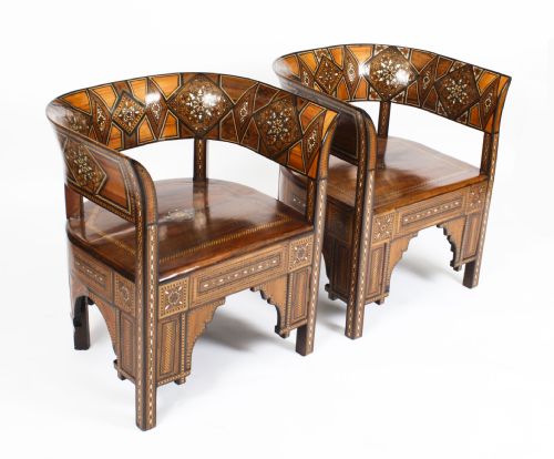 fig 1. Antique Pair Syrian Parquetry Inlaid Armchairs 19th C
