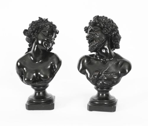 Antique Pair Italian Bronze Busts Dionysus and Ariadne by Clodion 18th C

