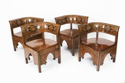 Antique Set of 4 Syrian Parquetry Inlaid Armchairs C1900
