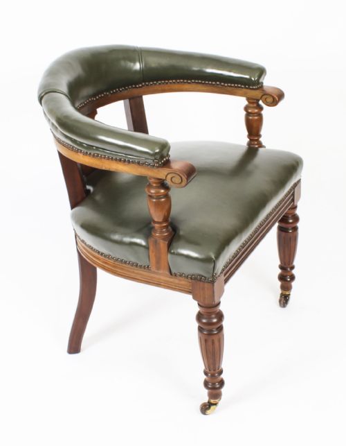 Antique Victorian Tub Desk Armchair Green Leather Upholstered 19th Century
