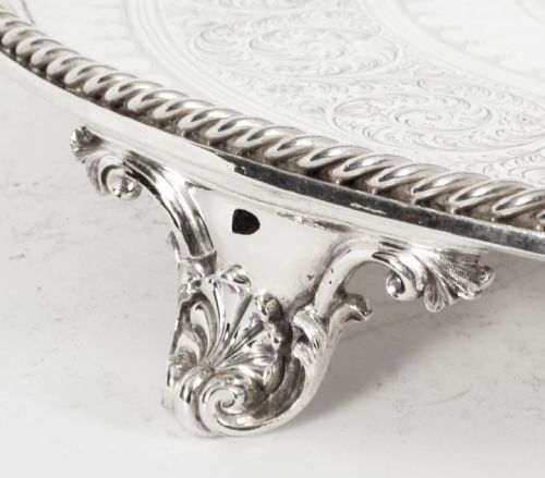 ANTIQUE LARGE ENGLISH VICTORIAN SILVER PLATED SALVER 19TH CENTURY - ADDITIONAL PHOTO 9