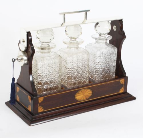 Antique Inlaid Walnut Three Cut Crystal Decanter Tantalus C1870 19th C
