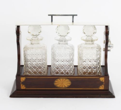 fig 1. Antique Inlaid Walnut Three Cut Crystal Decanter Tantalus C1870 19th C