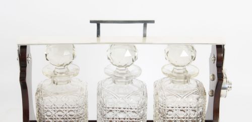 fig 3. Antique Inlaid Walnut Three Cut Crystal Decanter Tantalus C1870 19th C