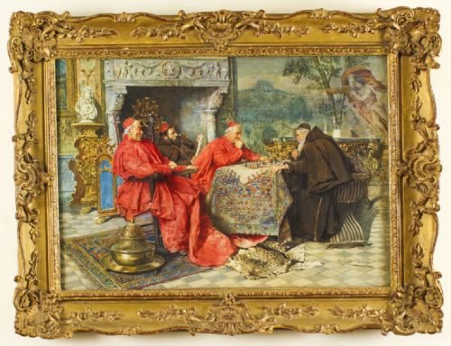 Antique Water Colour Augusto Daini 'The Chess Game' 19th Century
