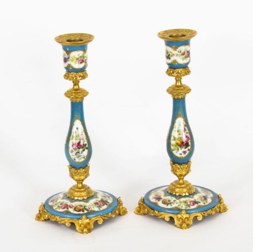 Antique Pair Sevres Porcelain Ormolu Candlesticks C.1880 19th C
