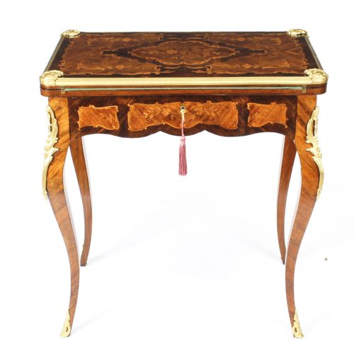 fig 1. Antique French Burr Walnut Marquetry Card / Writing / Dressing Table 19th C
