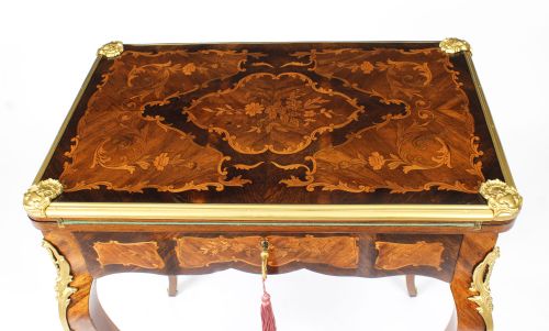 fig 2. Antique French Burr Walnut Marquetry Card / Writing / Dressing Table 19th C
