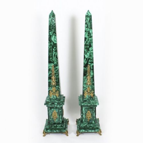 fig 1. Antique Pair Monumental 4ft Ormolu Mounted Malachite Obelisks on Stands C1920