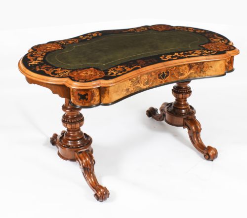 Antique William IV Burr Walnut Marquetry Kidney Shaped Writing Table 19th C
