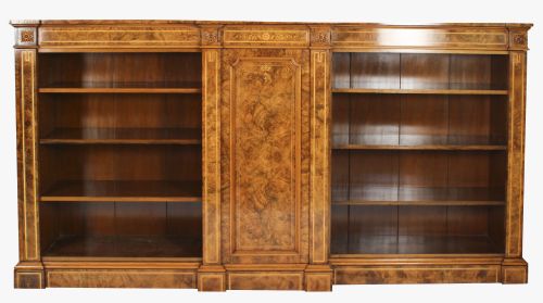 Antique Victorian Burr Walnut & Inlaid Breakfront Open Bookcase 19th C
