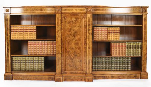 fig 1. Antique Victorian Burr Walnut & Inlaid Breakfront Open Bookcase 19th C
