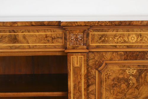 fig 2. Antique Victorian Burr Walnut & Inlaid Breakfront Open Bookcase 19th C
