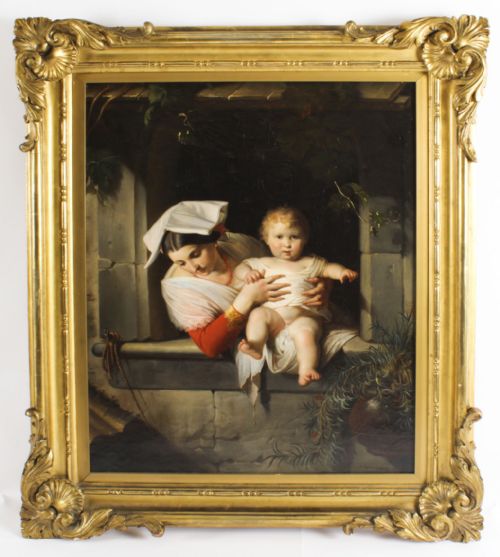 Antique Italian Oil Painting "Mother & Child" Guiseppe Mazzolini Signed 1843

