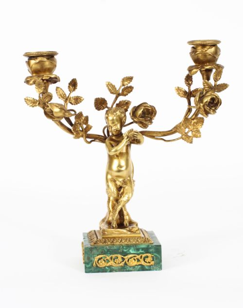 fig 1. Antique Pair Russian Malachite & Gilt Bronze Candelabra Circa 1900