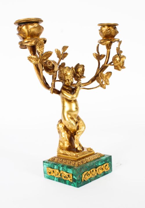 fig 2. Antique Pair Russian Malachite & Gilt Bronze Candelabra Circa 1900